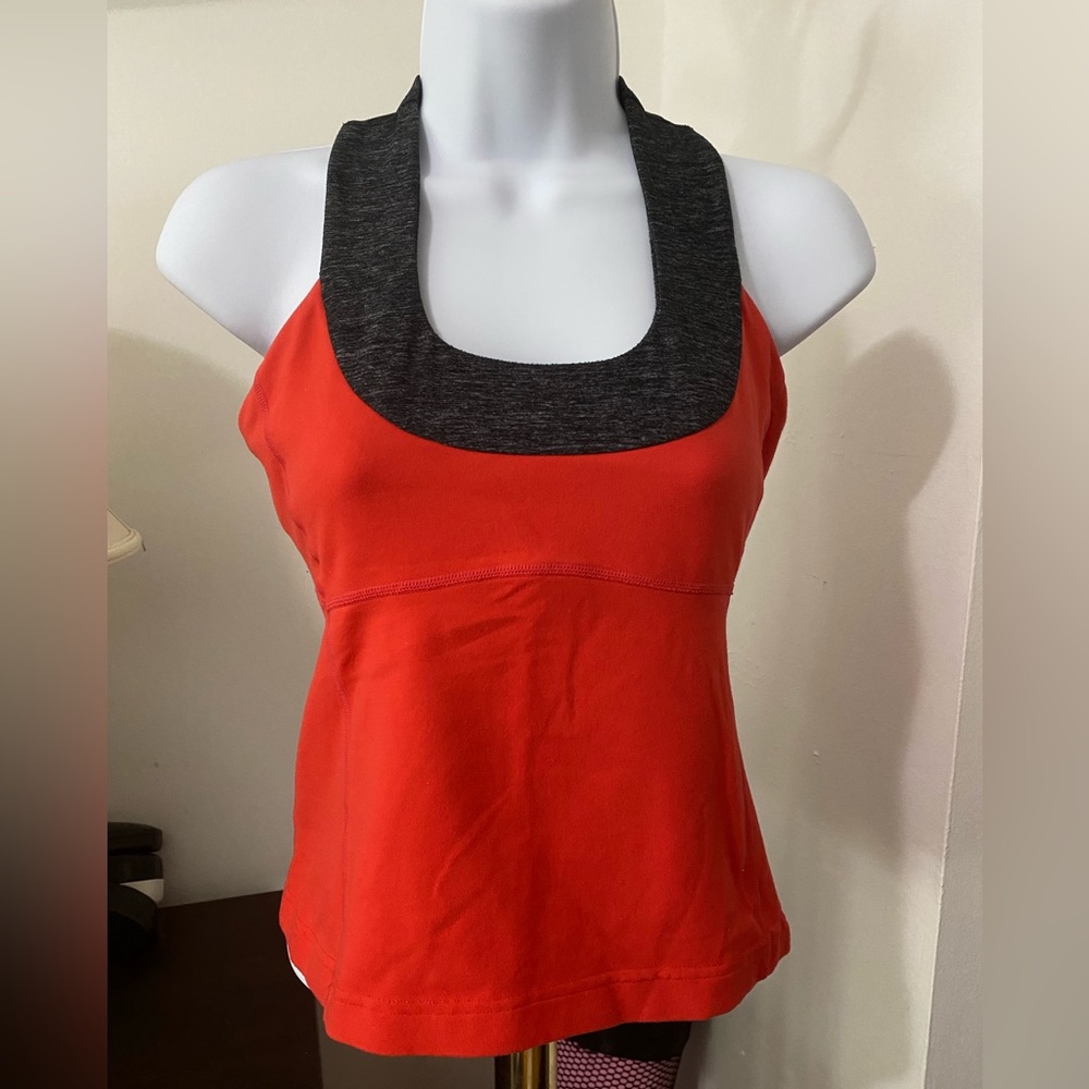 Womens Lululemon Orange Red Athletic Gym Yoga Exercise Gray Racerback Tank Top